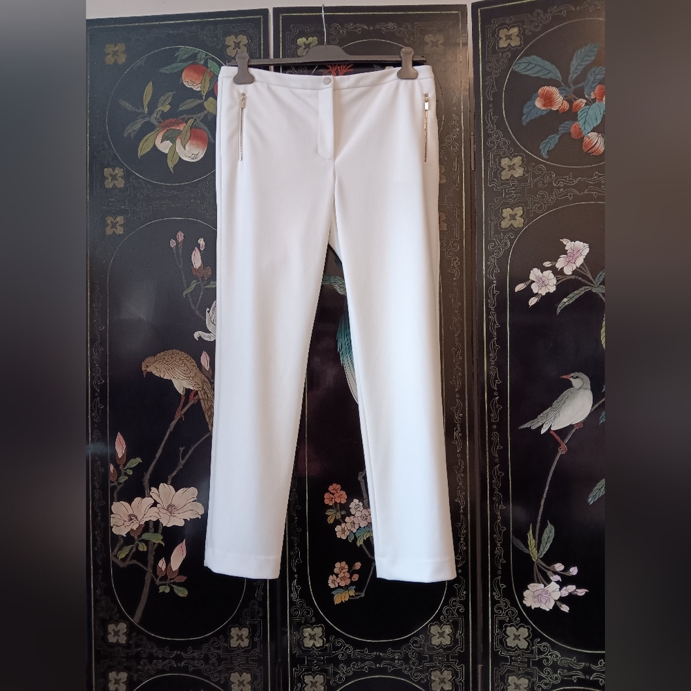 Calvin Klein White Straight Leg Pants with Zip Pockets